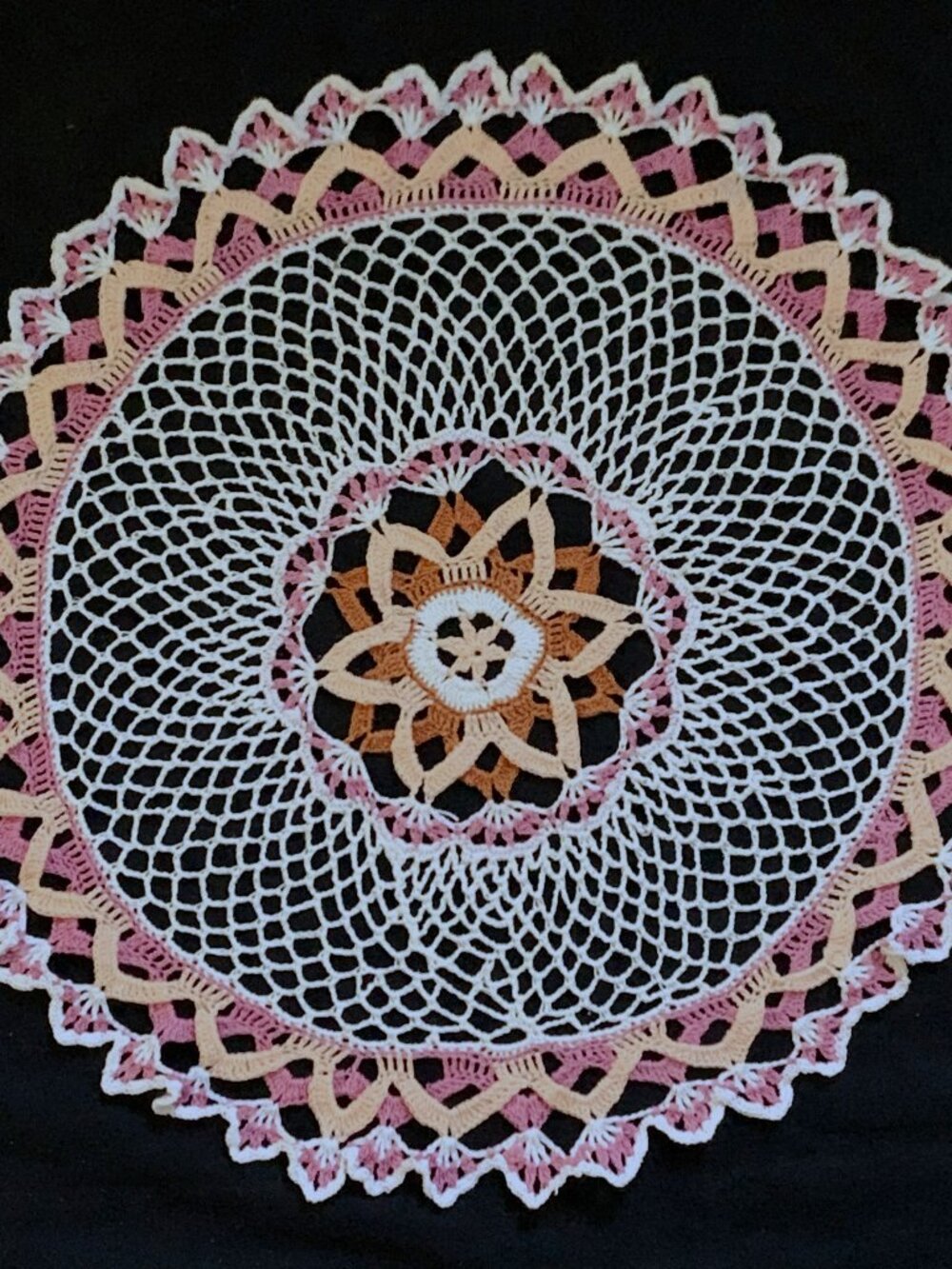 MCM Table Doily Crocheted w/ Peach Raspberry Pink Changes Color per Side 18” Vtg